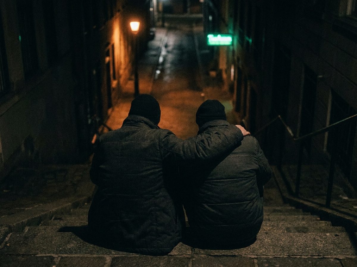 Two people sitting together on steps at night.